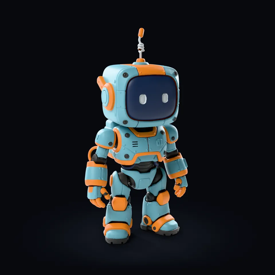 45度回したロボットのマルチカラー3MFを、マットPLAとしてレンダリングした画像:青緑のボディ、オレンジの縁取り、ダークグレーの関節