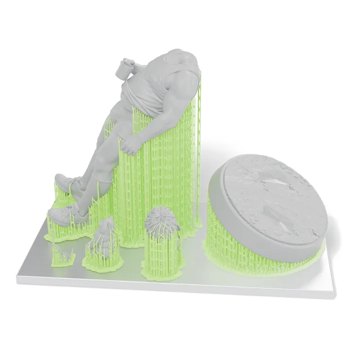 Render: the Garry parts on a resin build plate with supports