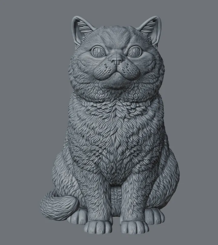 Render of Garry's cat: a British Shorthair sitting upright, 4.3 cm tall in the statue