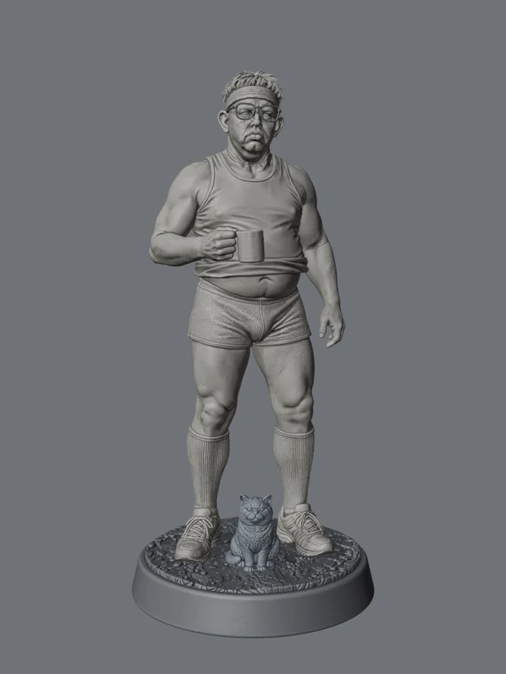 Render of the Garry statue from the front, his cat between his shoes